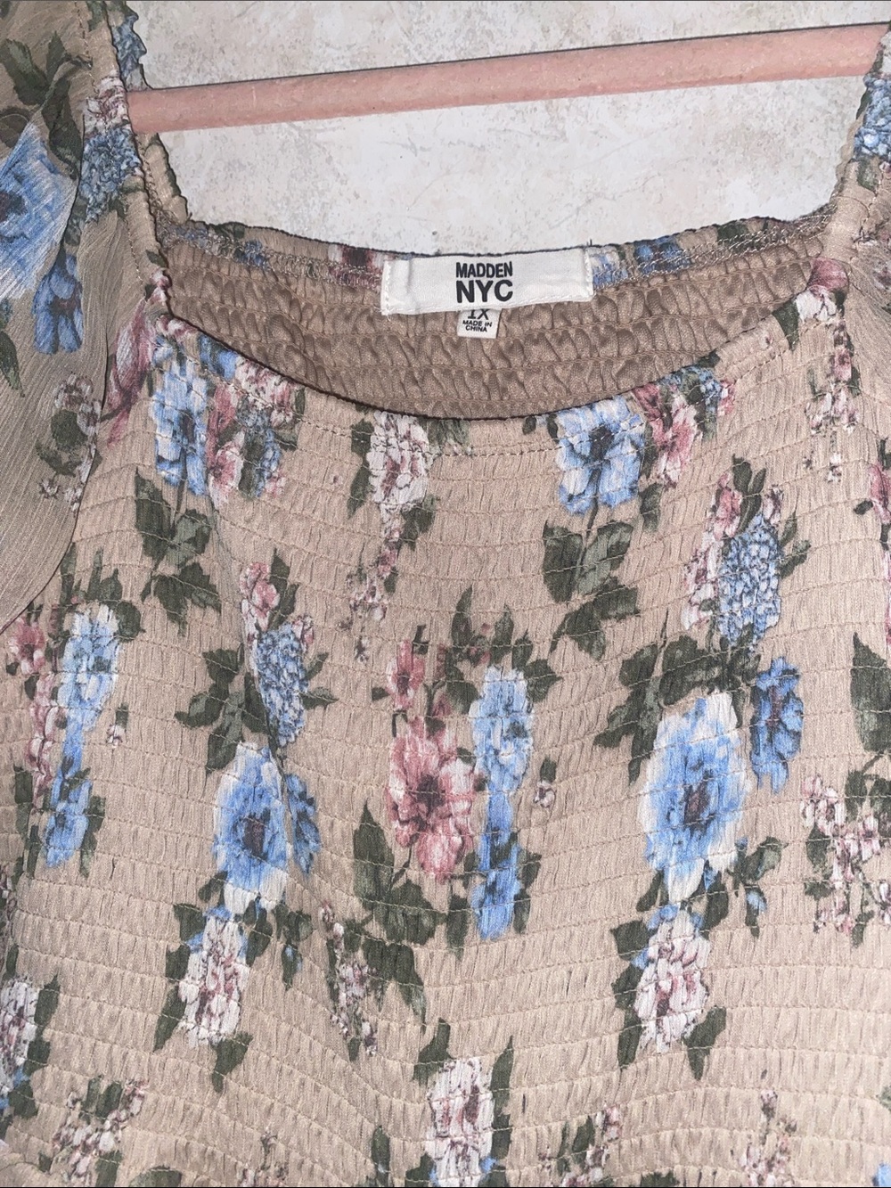 Floral Tiered Maxi Dress in Beige with Blue Roses - Picture 2 of 3